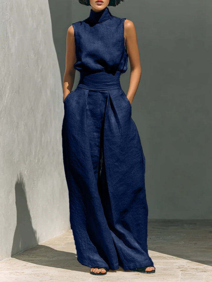 Conjunto minimalista para mujer de algodón y lino, compuesto por una blusa sin mangas y un pantalón ancho