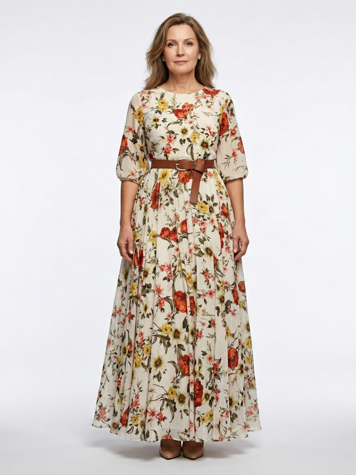 Odelia | Vestido Maxi de Cuello Redondo y Manga Tres Cuartos con Cinturón