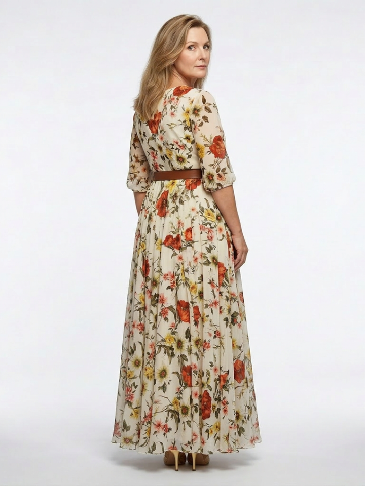 Odelia | Vestido Maxi de Cuello Redondo y Manga Tres Cuartos con Cinturón