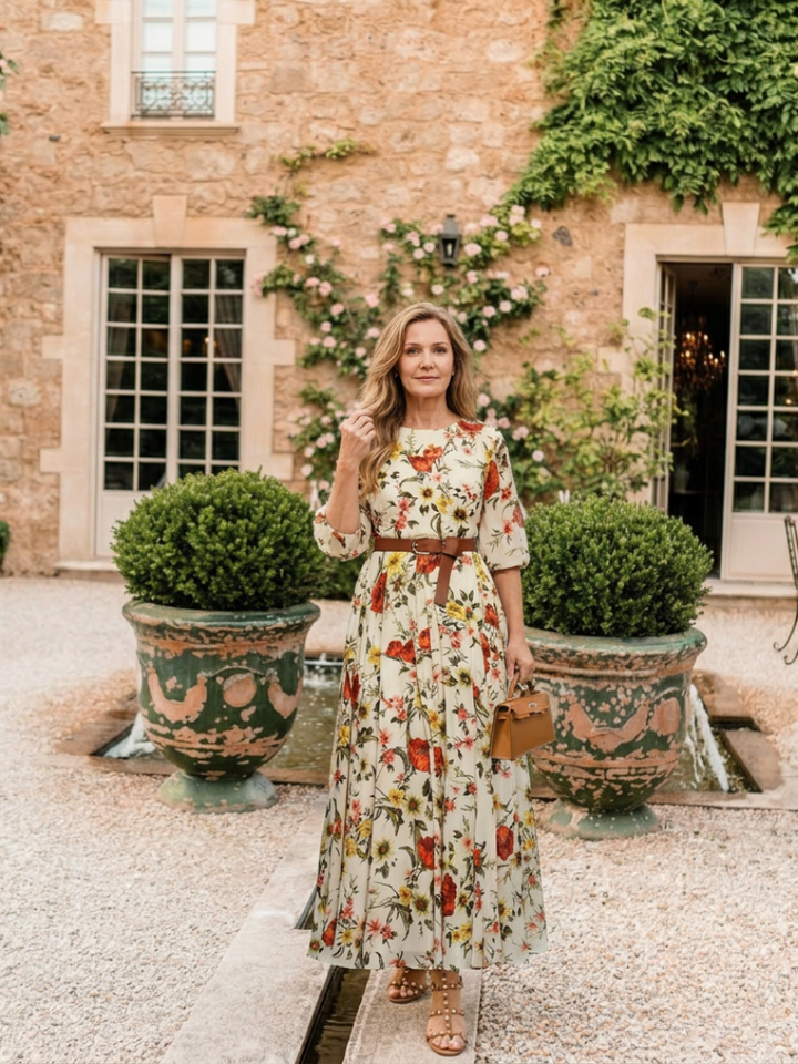 Odelia | Vestido Maxi de Cuello Redondo y Manga Tres Cuartos con Cinturón