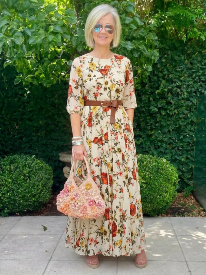 Odelia | Vestido Maxi de Cuello Redondo y Manga Tres Cuartos con Cinturón
