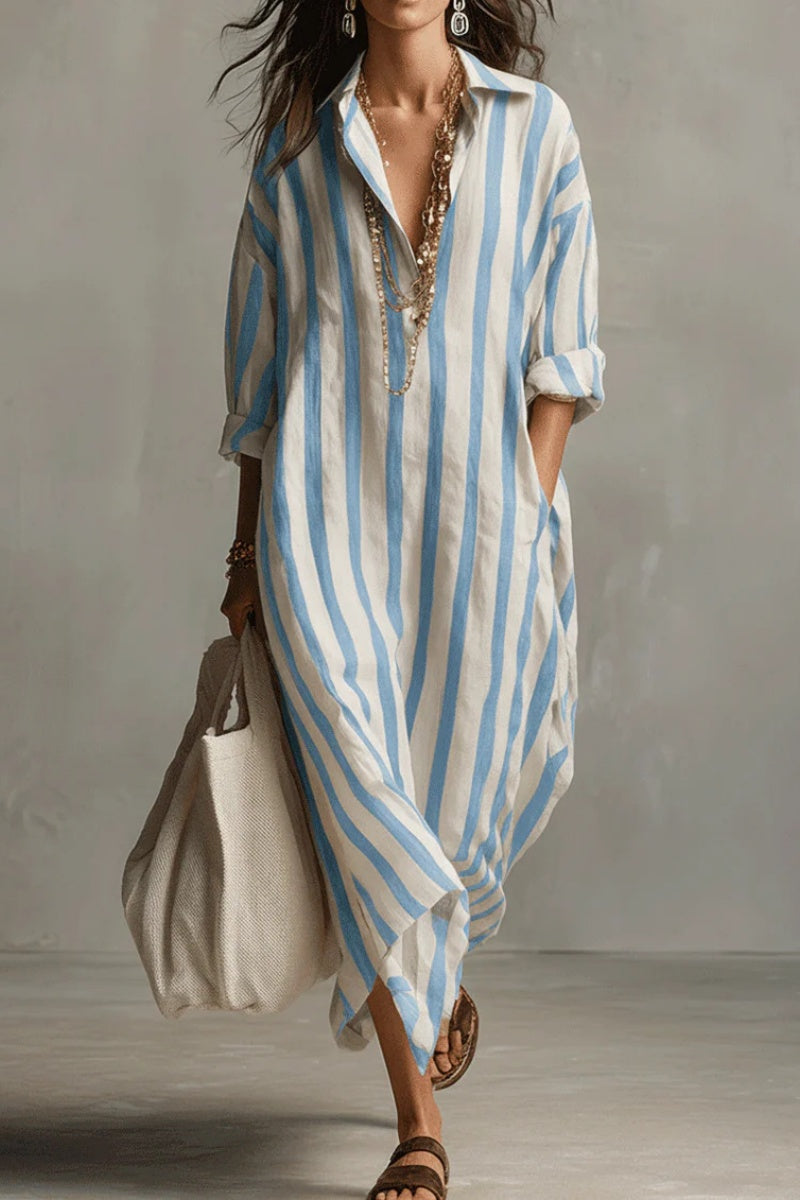 Vestido largo bohemio estilo camisa a rayas casual