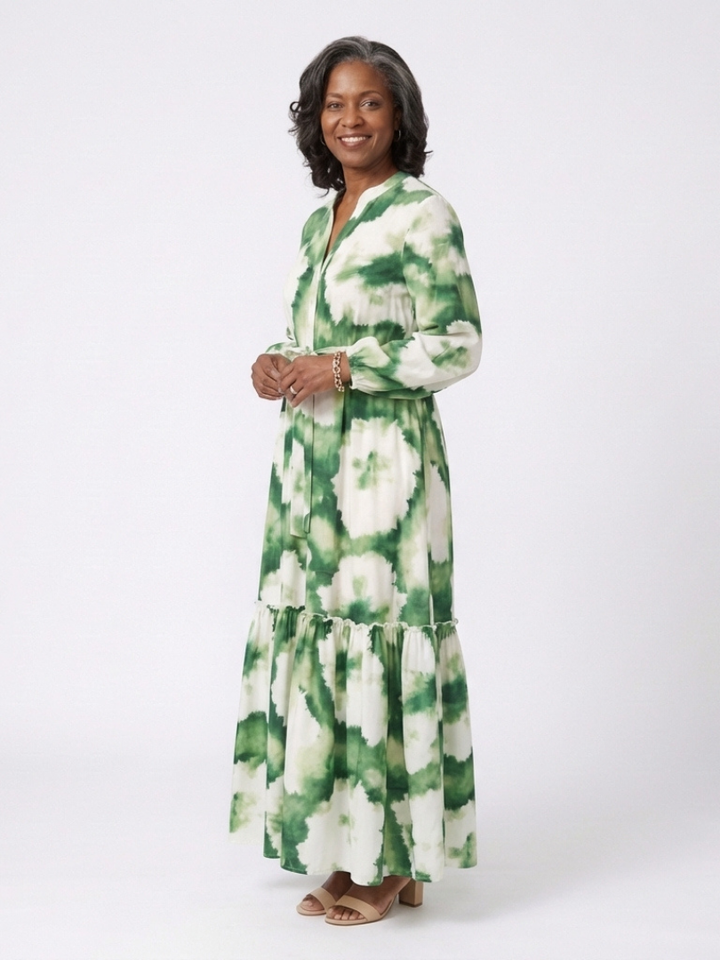 Sabine | Vestido Largo de Manga Larga con Cintura Ajustable y Volantes