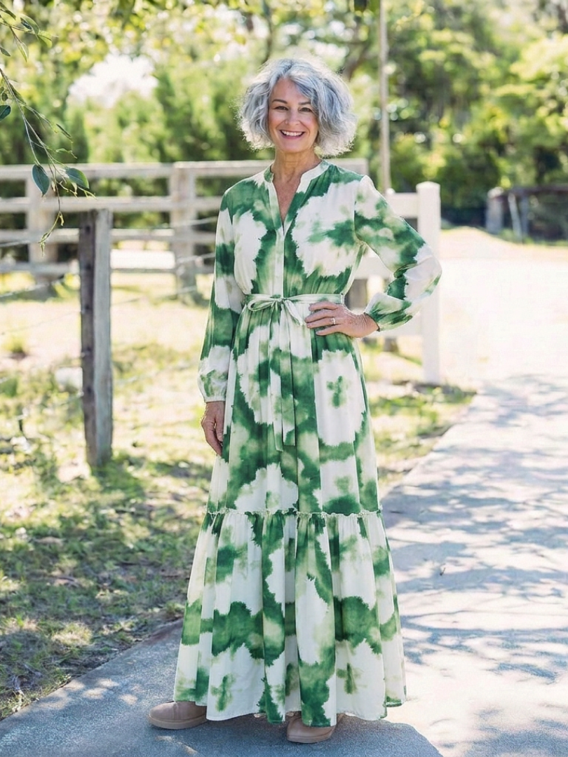 Sabine | Vestido Largo de Manga Larga con Cintura Ajustable y Volantes