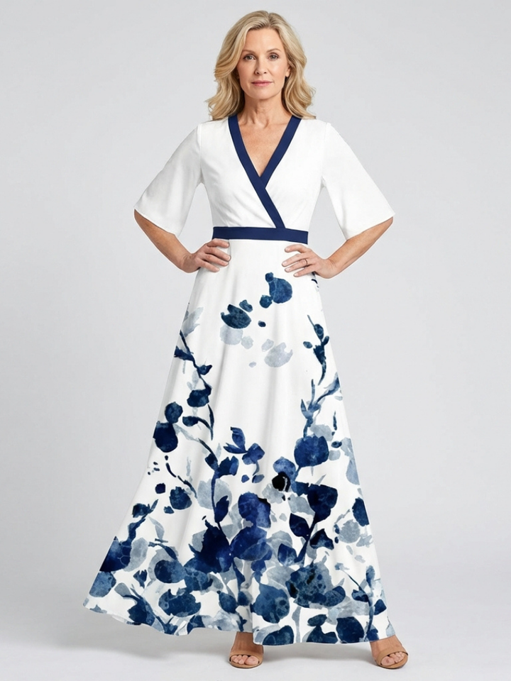 Eliza | Vestido Maxi Floral de Manga Corta con Escote en V