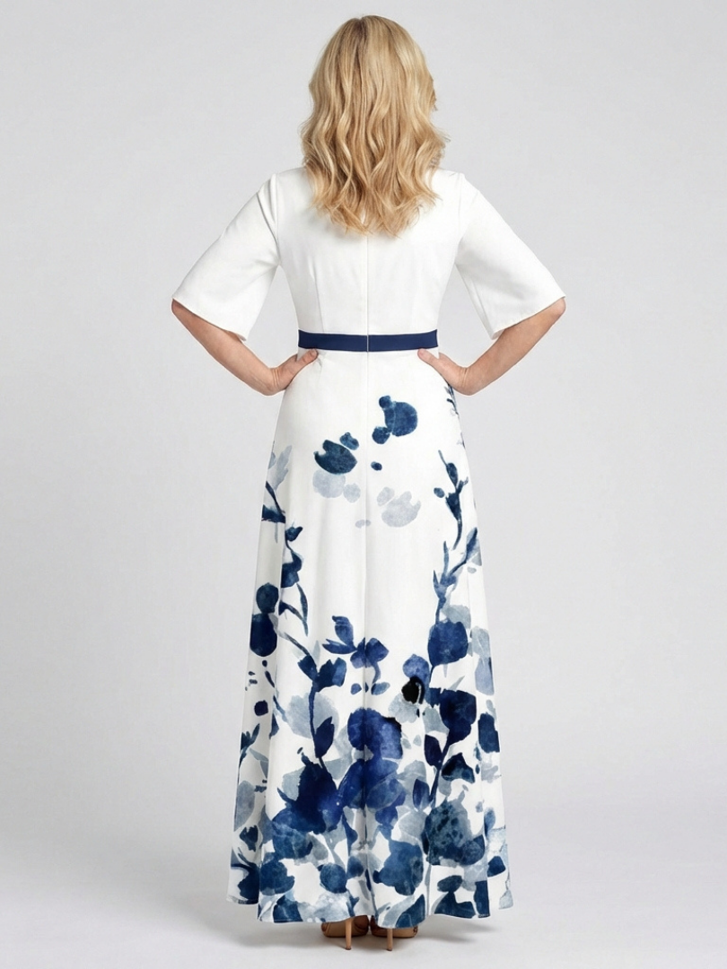 Eliza | Vestido Maxi Floral de Manga Corta con Escote en V