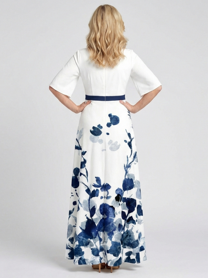 Eliza | Vestido Maxi Floral de Manga Corta con Escote en V