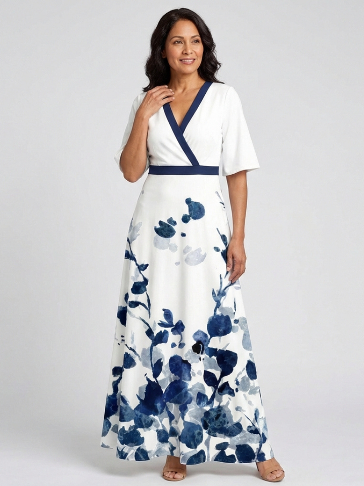 Eliza | Vestido Maxi Floral de Manga Corta con Escote en V