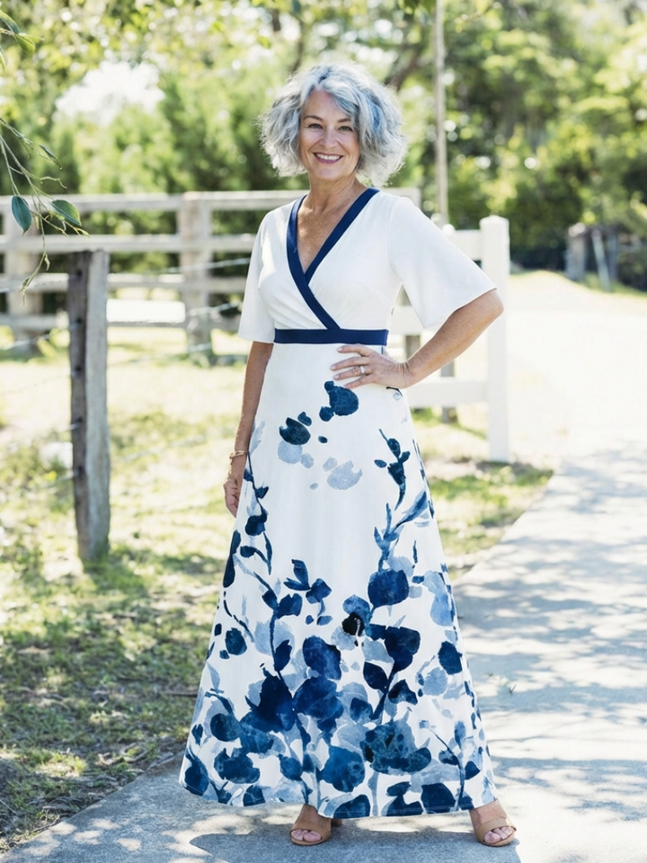 Eliza | Vestido Maxi Floral de Manga Corta con Escote en V