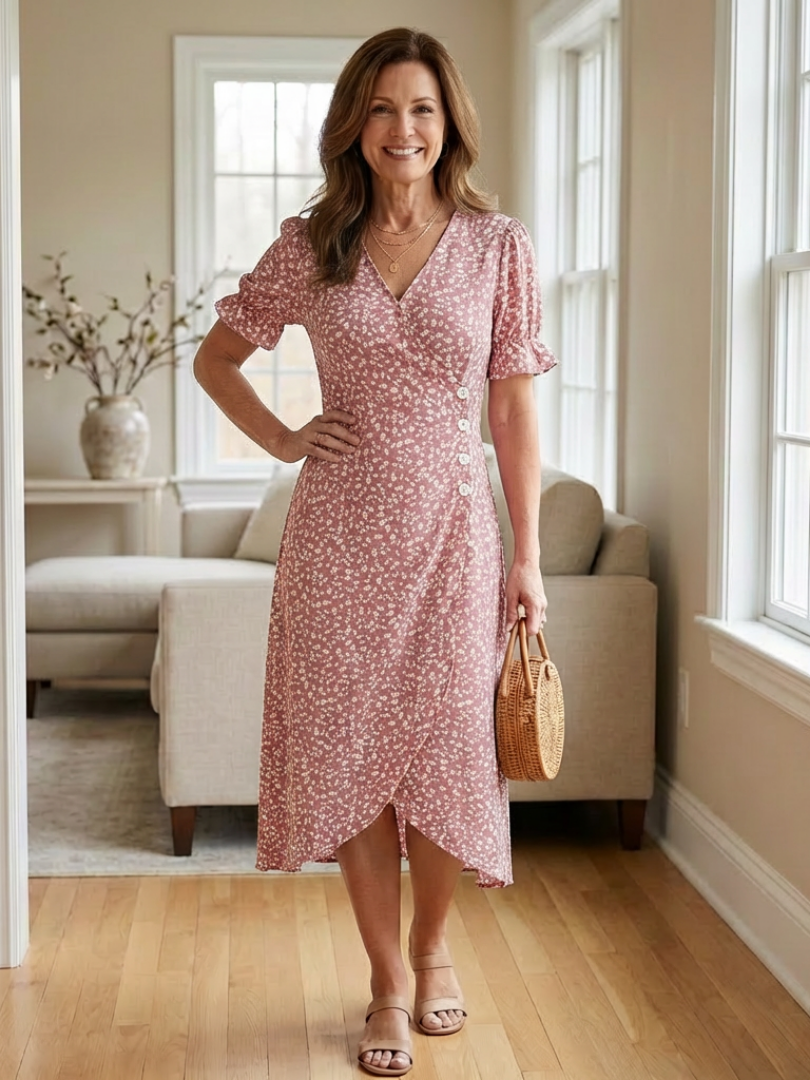 Margaret | Vestido midi floral de manga corta y escote en V