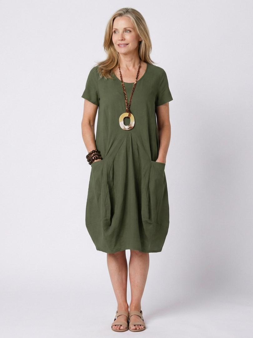 Diane | Vestido de Longitud de Rodilla con Mangas Cortas y Pliegues