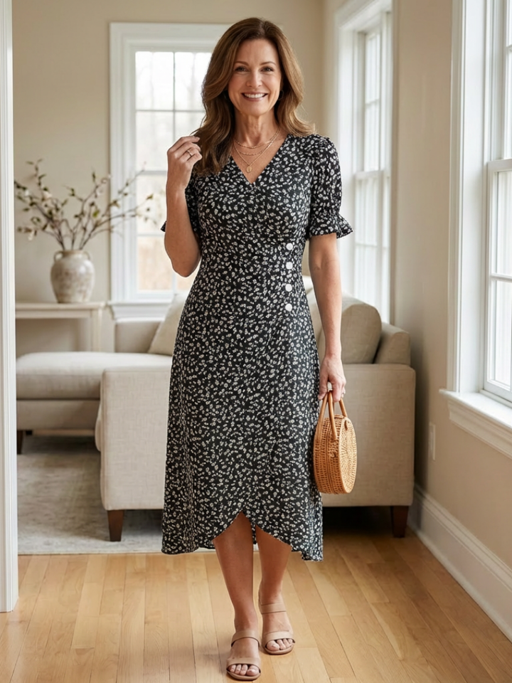 Margaret | Vestido midi floral de manga corta y escote en V