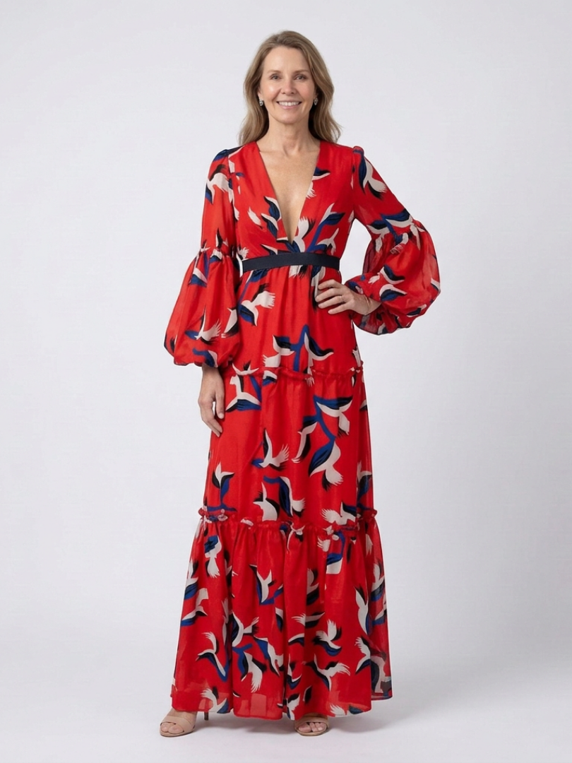 Isolde | Vestido Maxi de Manga Larga con Cintura Tazada en V