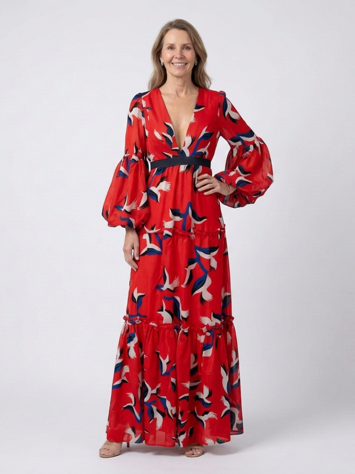 Isolde | Vestido Maxi de Manga Larga con Cintura Tazada en V