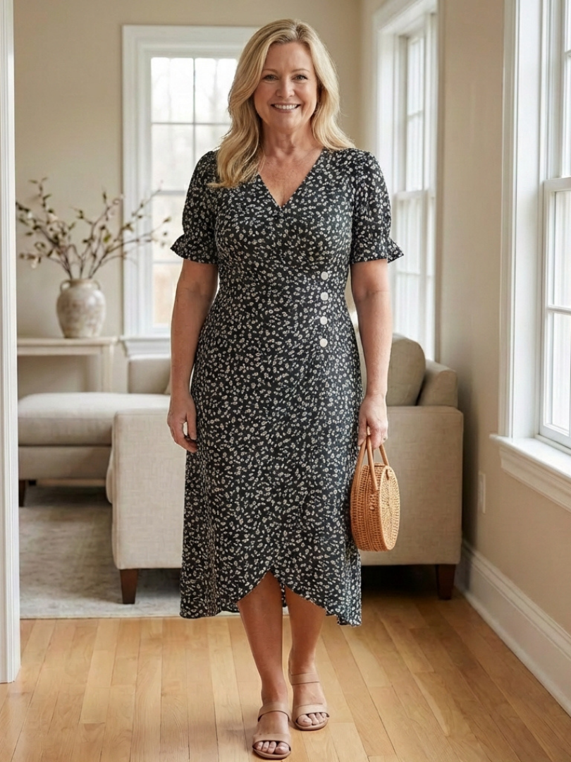 Margaret | Vestido midi floral de manga corta y escote en V