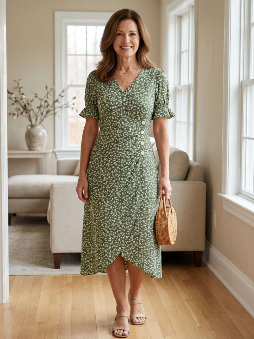 Margaret | Vestido midi floral de manga corta y escote en V