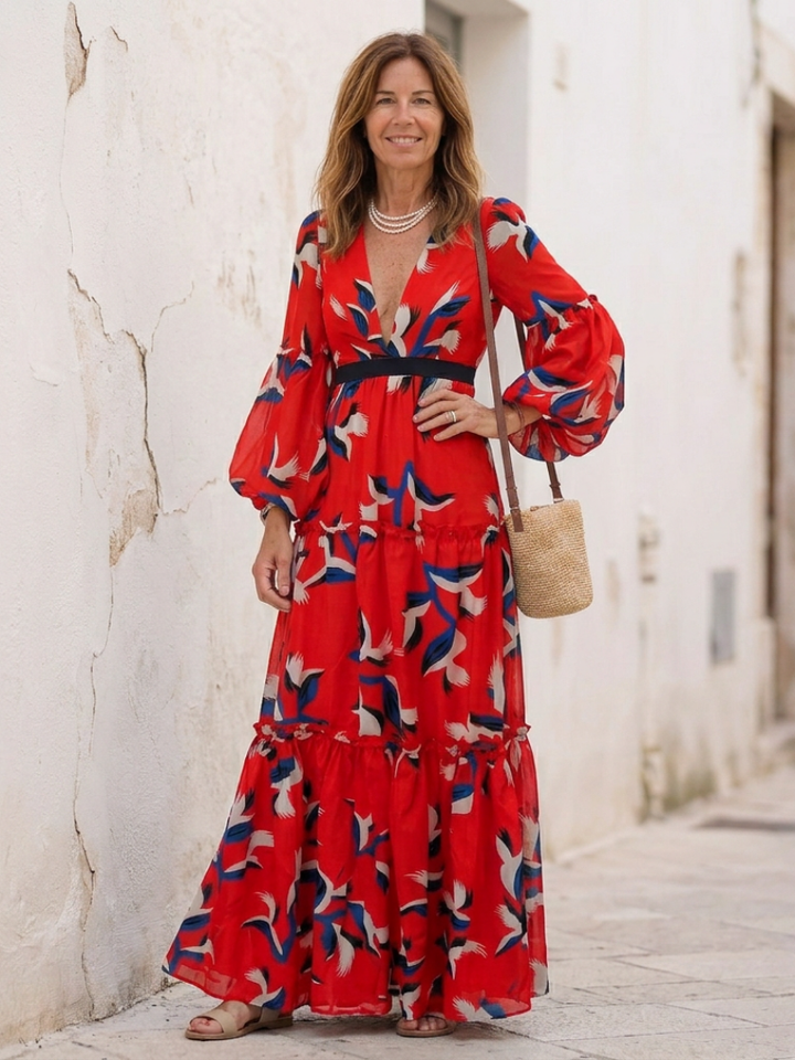Isolde | Vestido Maxi de Manga Larga con Cintura Tazada en V