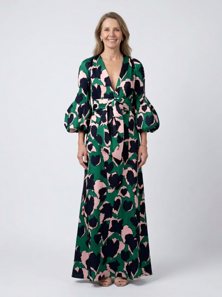 Isolde | Vestido Maxi de Manga Larga con Cintura Tazada en V