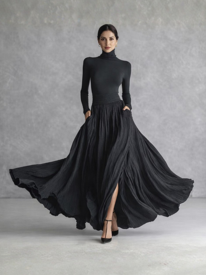 Isla | Vestido Maxi de Cuello Alto con Falda Plisada