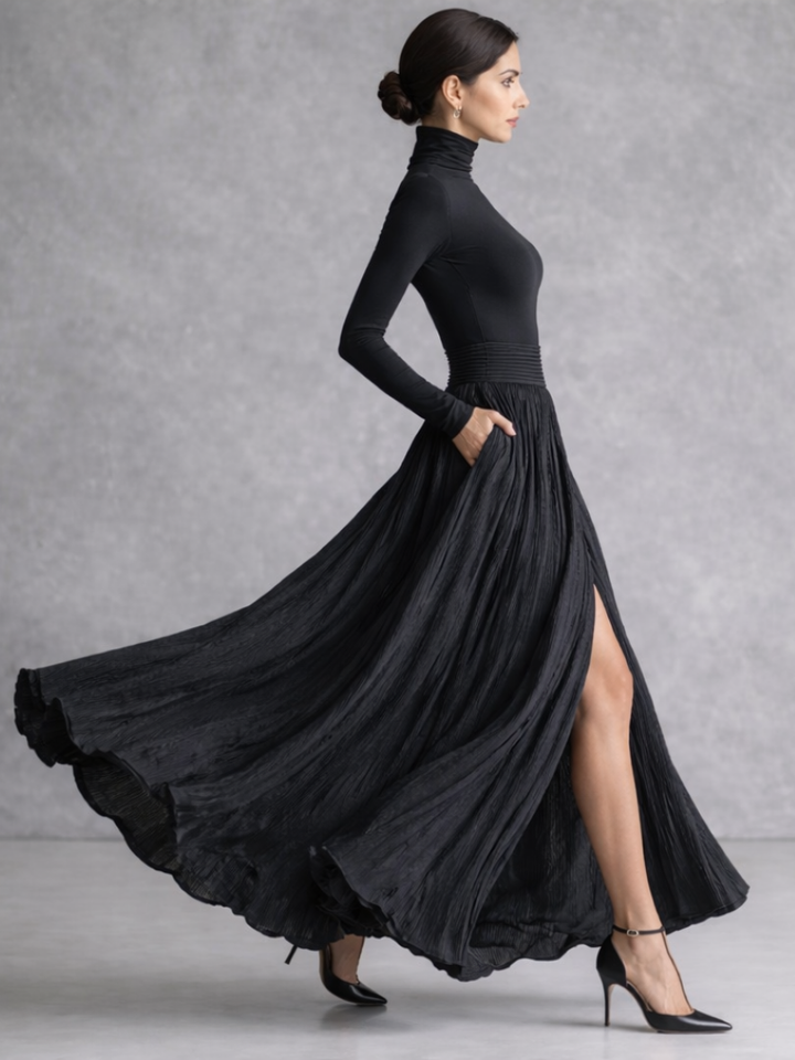 Isla | Vestido Maxi de Cuello Alto con Falda Plisada