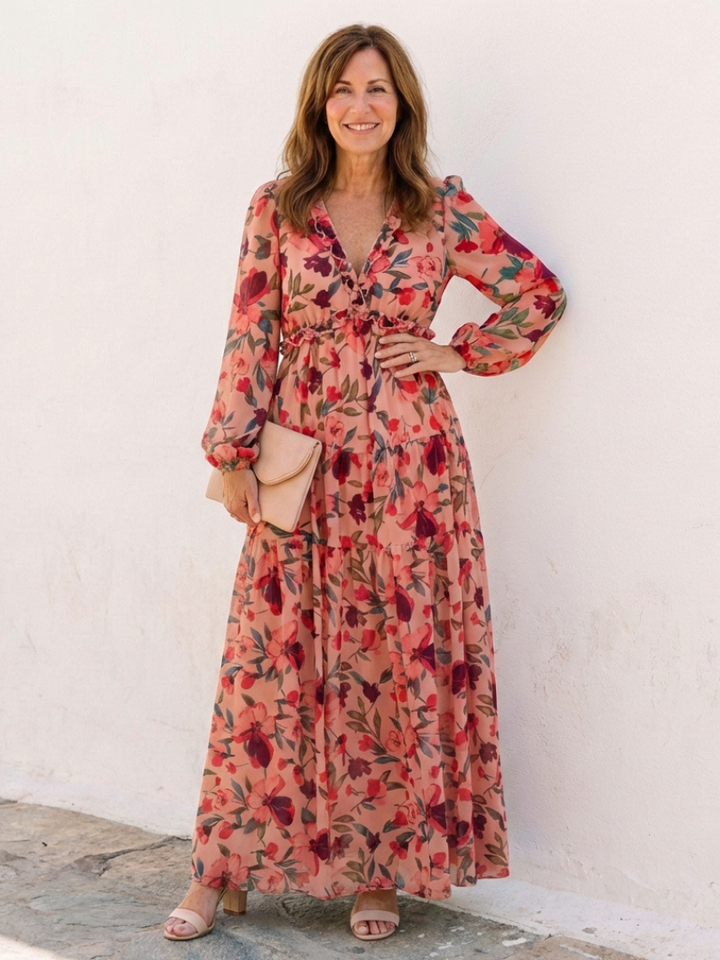 Elena | Vestido Maxi Floral de Manga Larga con Escote en V