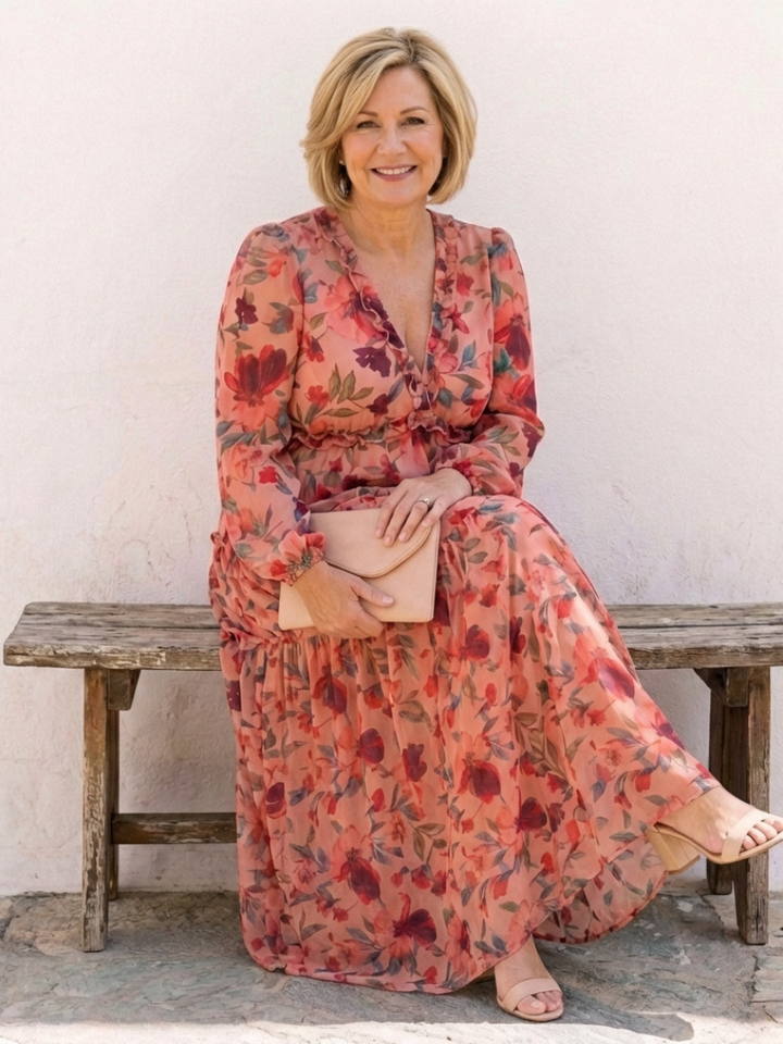 Elena | Vestido Maxi Floral de Manga Larga con Escote en V