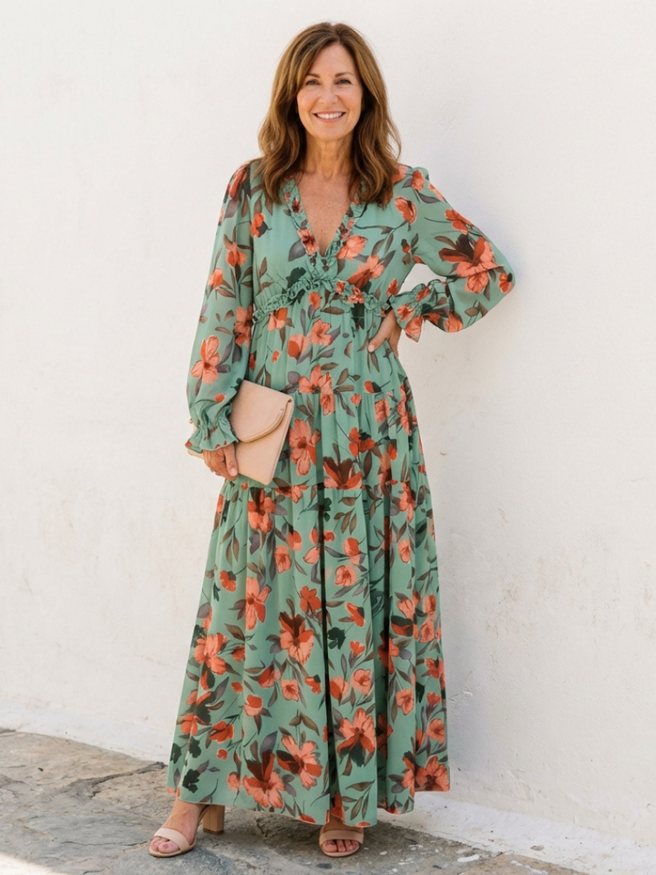 Elena | Vestido Maxi Floral de Manga Larga con Escote en V