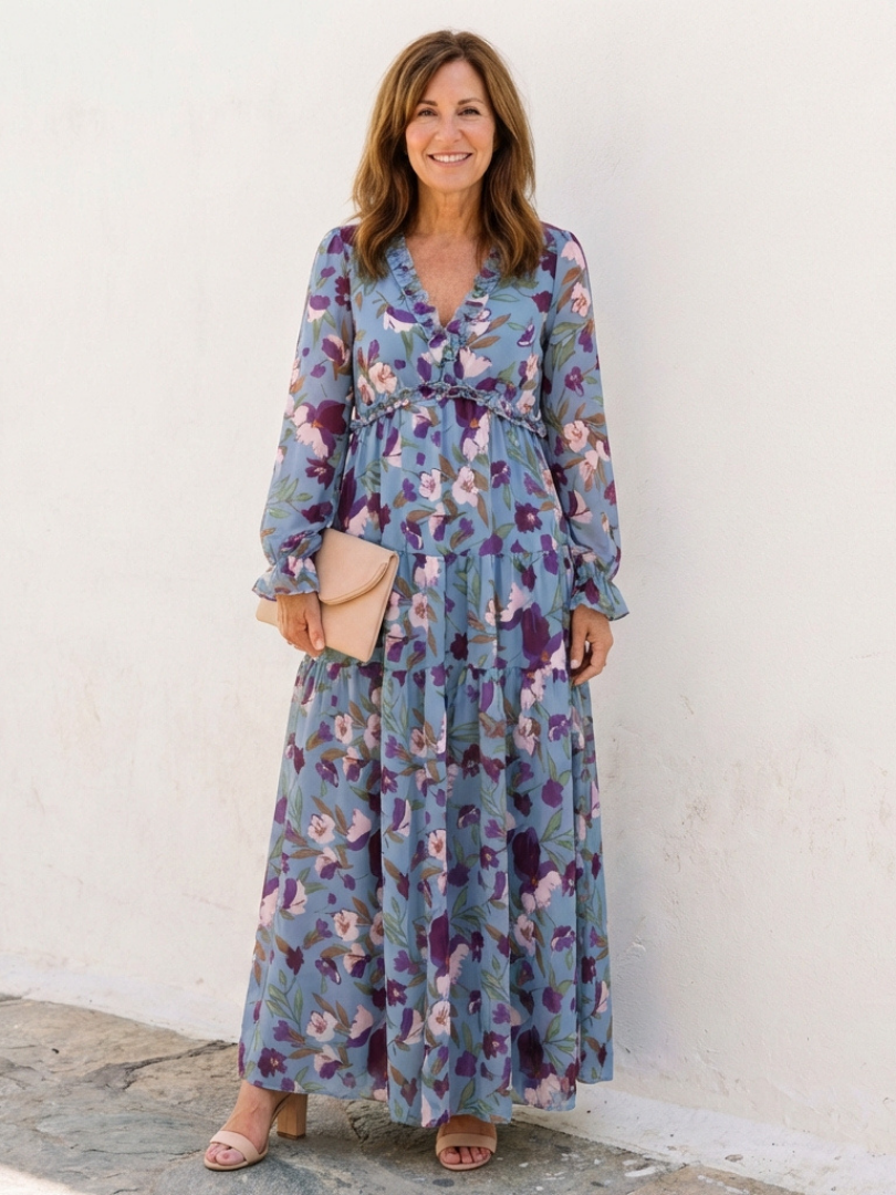 Elena | Vestido Maxi Floral de Manga Larga con Escote en V