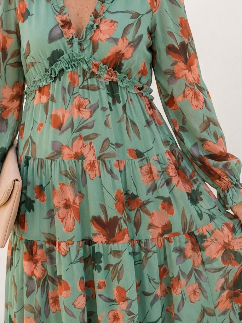 Elena | Vestido Maxi Floral de Manga Larga con Escote en V