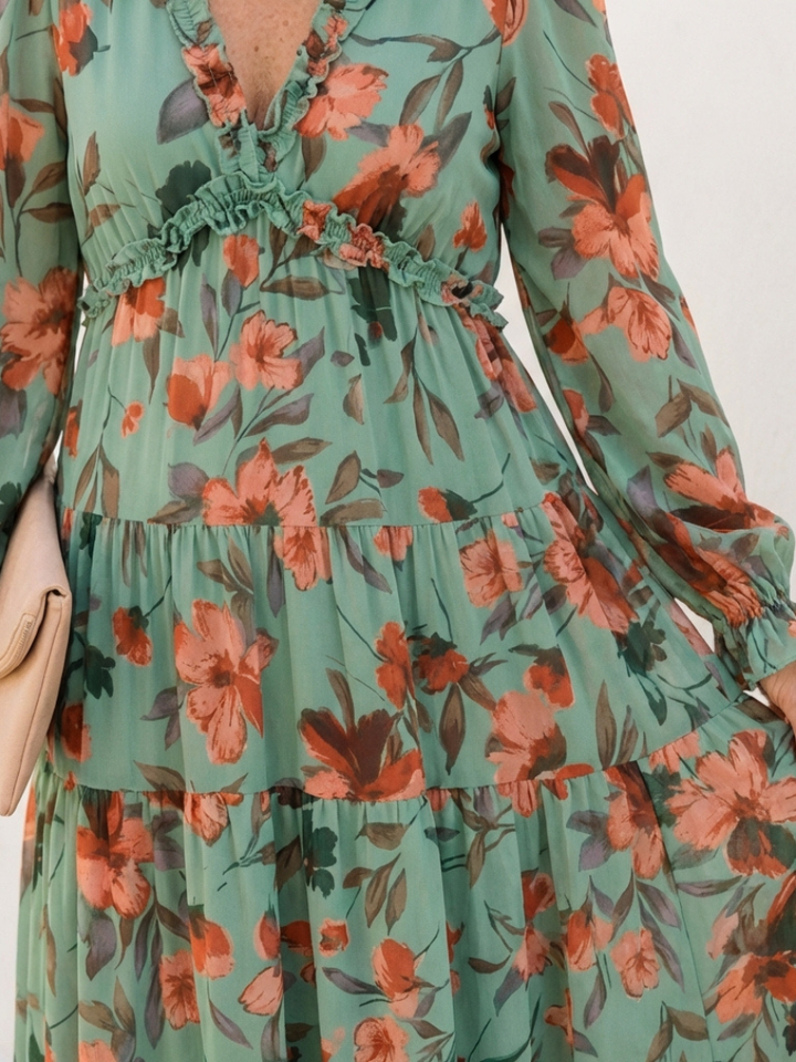 Elena | Vestido Maxi Floral de Manga Larga con Escote en V