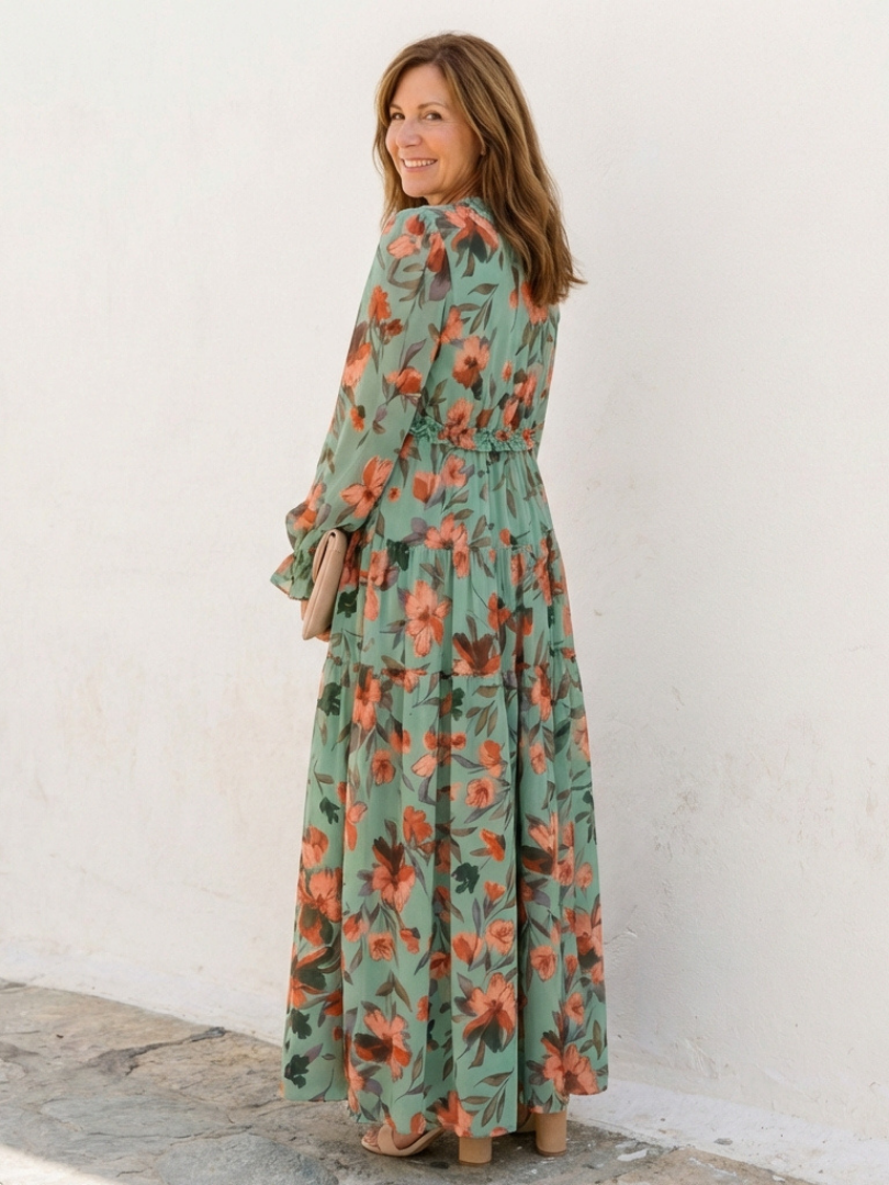 Elena | Vestido Maxi Floral de Manga Larga con Escote en V