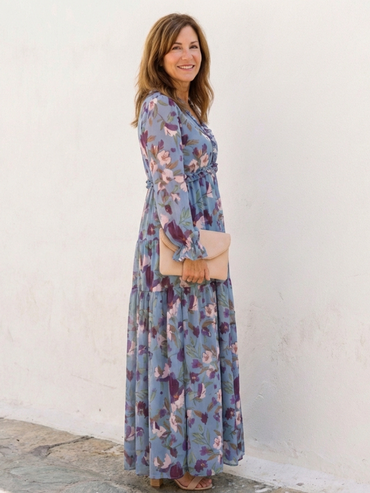 Elena | Vestido Maxi Floral de Manga Larga con Escote en V