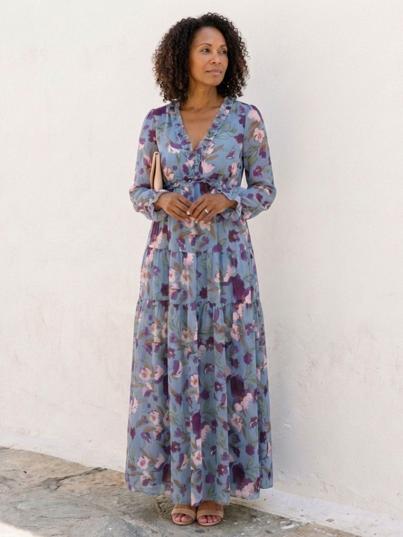 Elena | Vestido Maxi Floral de Manga Larga con Escote en V