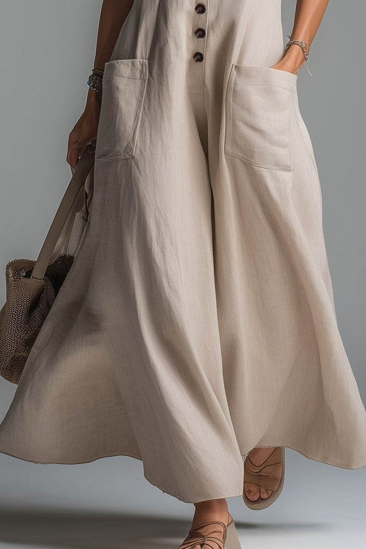 Vestido casual liso con cuello en V y bolsillos