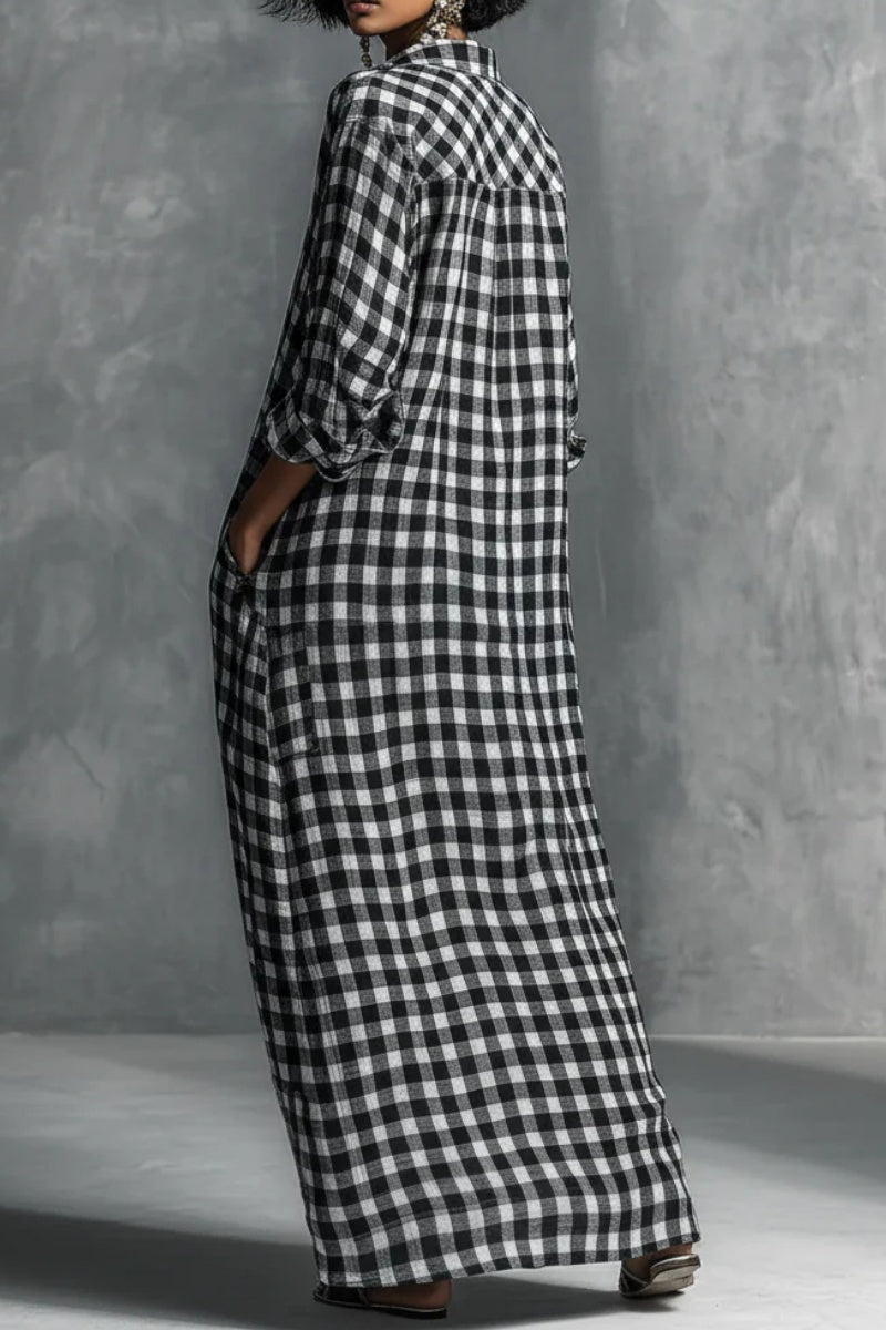 Vestido largo estilo camisa a cuadros en blanco y negro casual para mujer