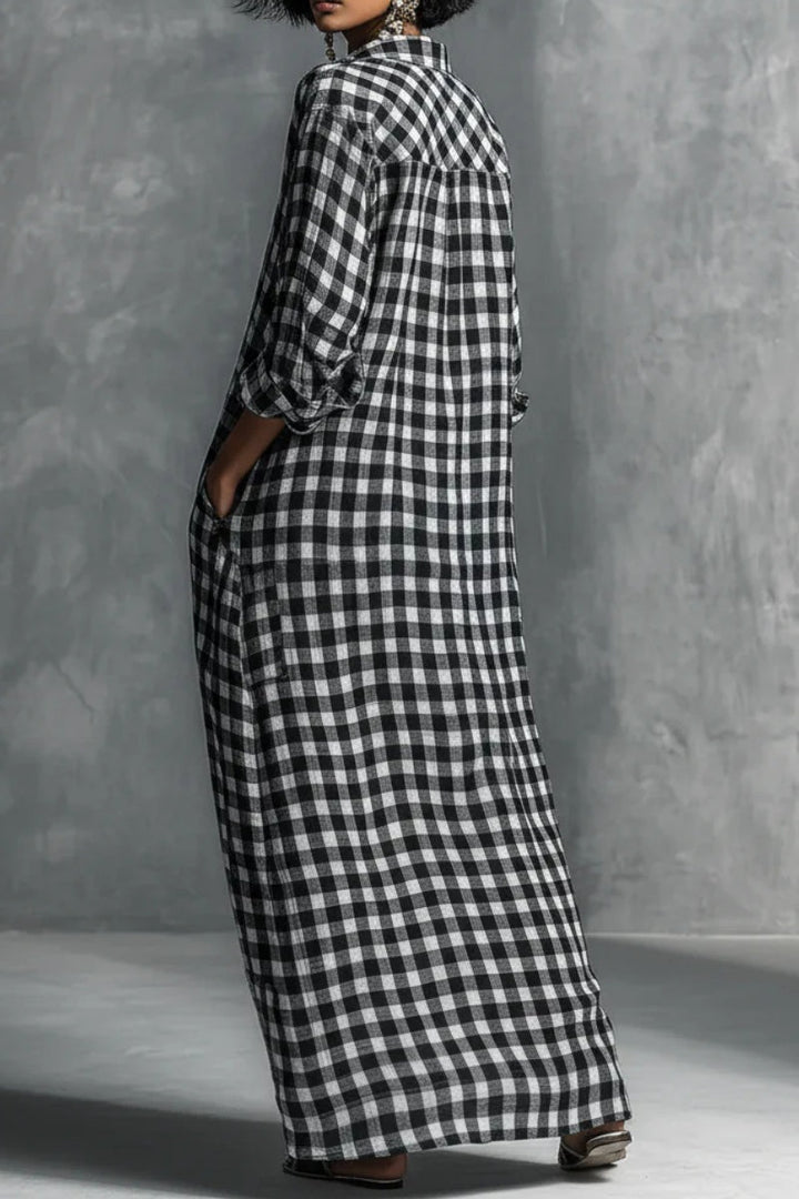 Robe longue style chemise à carreaux noir et blanc décontractée pour femme