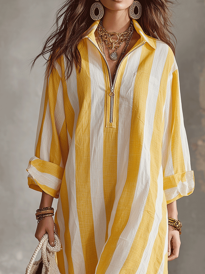 Ropa midi de vacaciones casual a rayas amarillas y blancas
