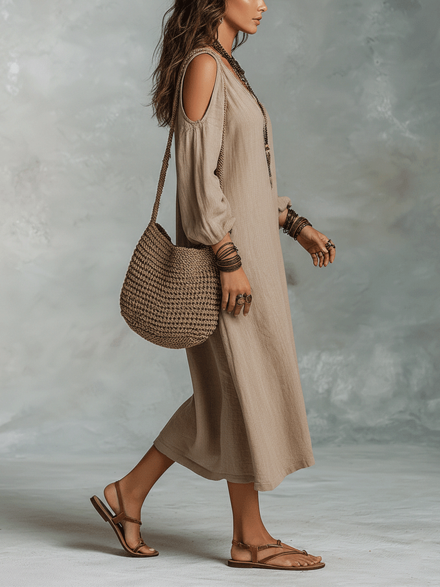 Ropa midi bohemia de lino con hombros descubiertos y corte relajado