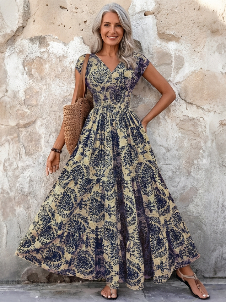 Vivienne | Vestido Maxi Bohemio con Mangas Cortas y Escote en V
