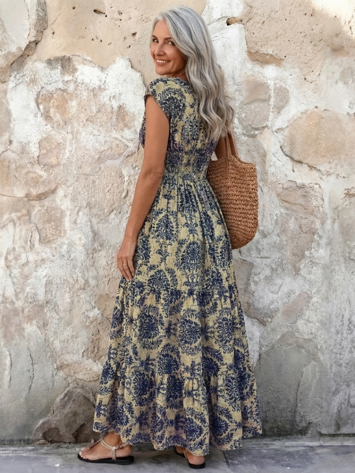 Vivienne | Vestido Maxi Bohemio con Mangas Cortas y Escote en V