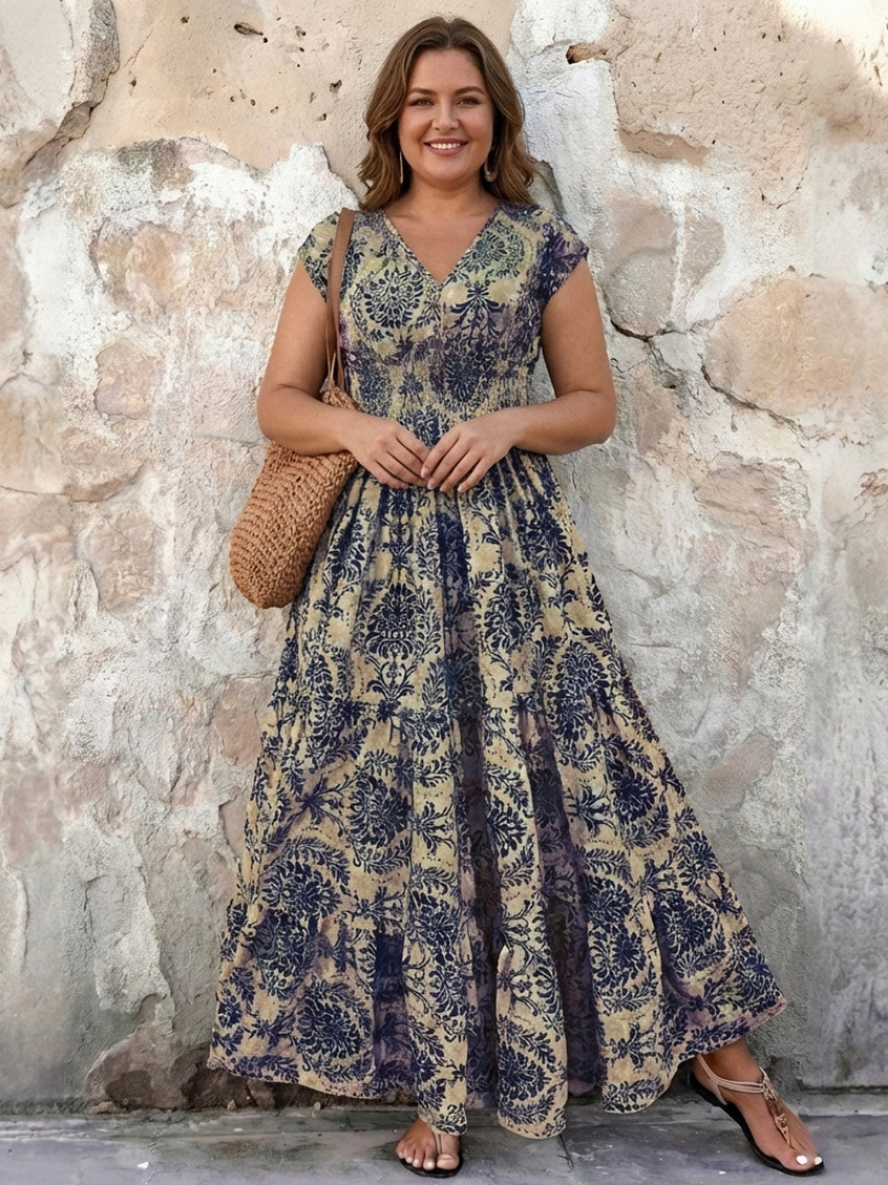 Vivienne | Vestido Maxi Bohemio con Mangas Cortas y Escote en V