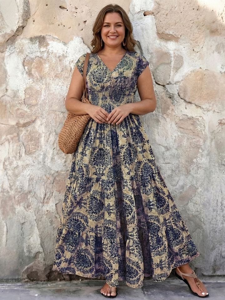 Vivienne | Vestido Maxi Bohemio con Mangas Cortas y Escote en V