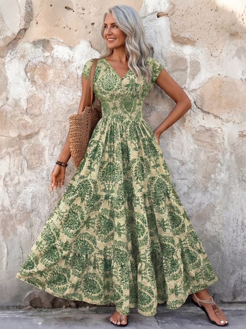 Vivienne | Vestido Maxi Bohemio con Mangas Cortas y Escote en V
