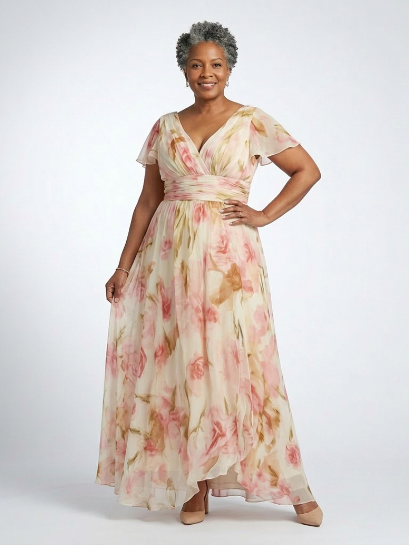 Elara | Vestido Maxi Floral de Manga Corta en V