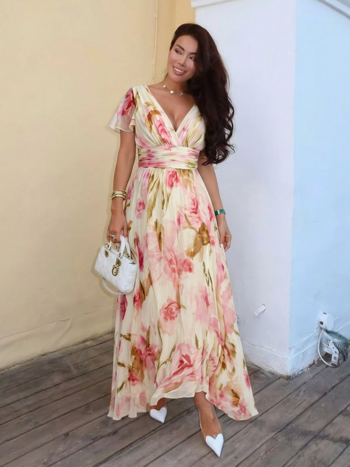 Elara | Vestido Maxi Floral de Manga Corta en V