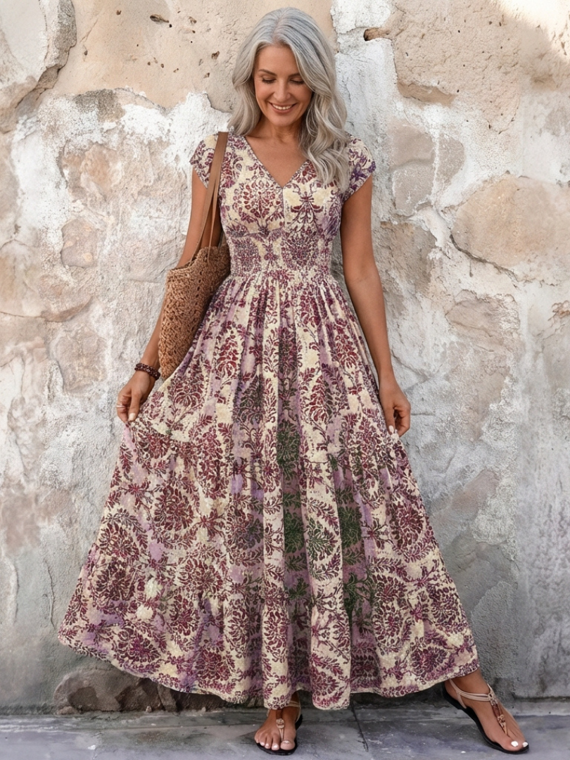 Vivienne | Vestido Maxi Bohemio con Mangas Cortas y Escote en V