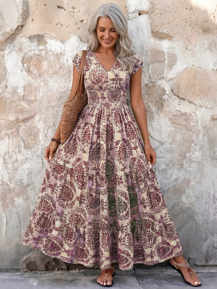 Vivienne | Vestido Maxi Bohemio con Mangas Cortas y Escote en V