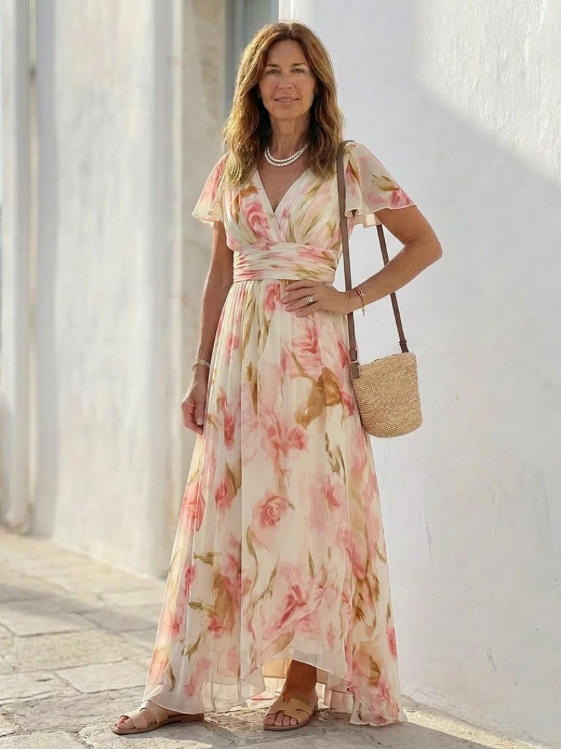 Elara | Vestido Maxi Floral de Manga Corta en V