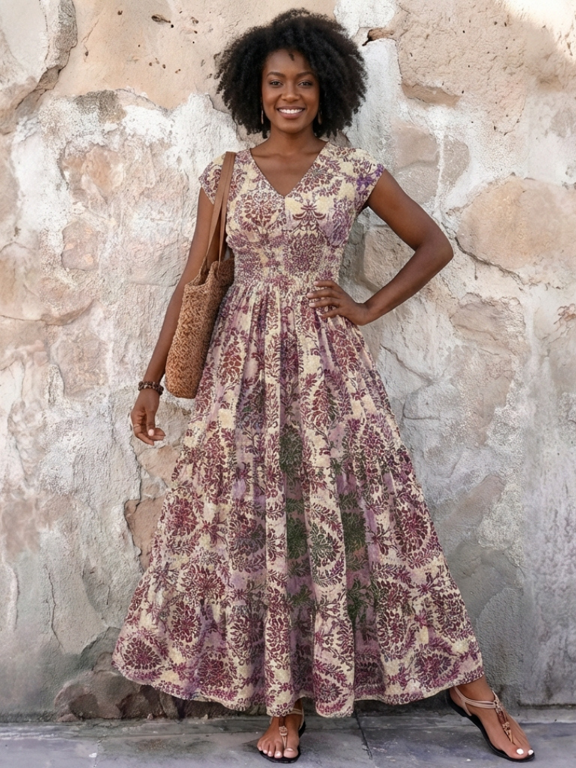 Vivienne | Vestido Maxi Bohemio con Mangas Cortas y Escote en V