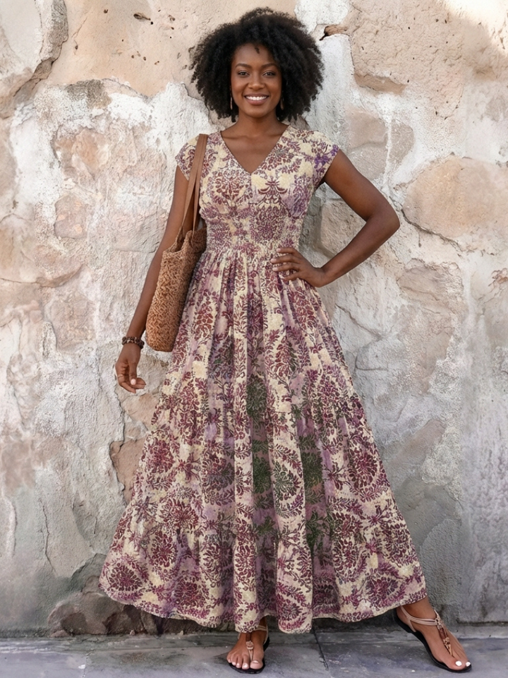 Vivienne | Vestido Maxi Bohemio con Mangas Cortas y Escote en V